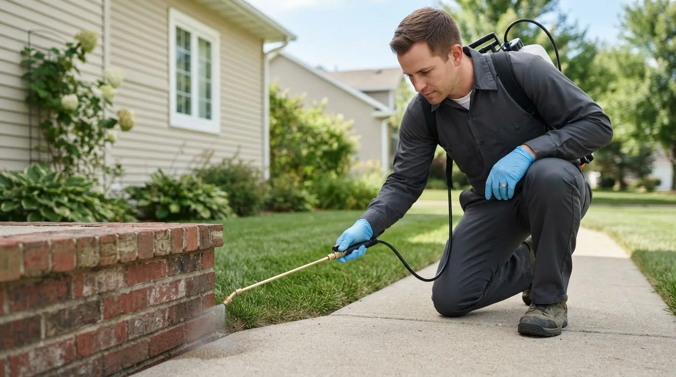 Pest control technician treating a home near Moxahala, OH