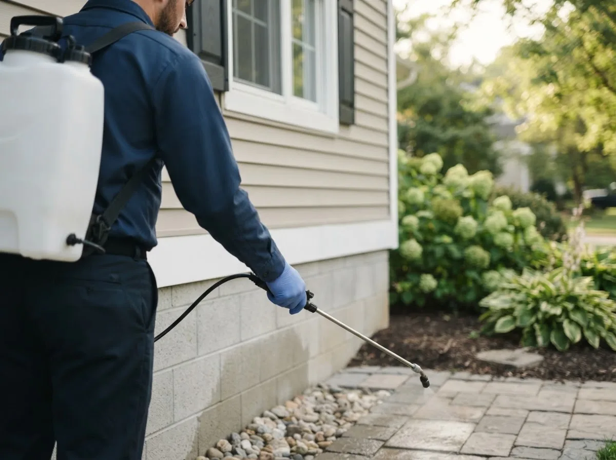 Pest control technician inspecting a home in Moxahala, OH